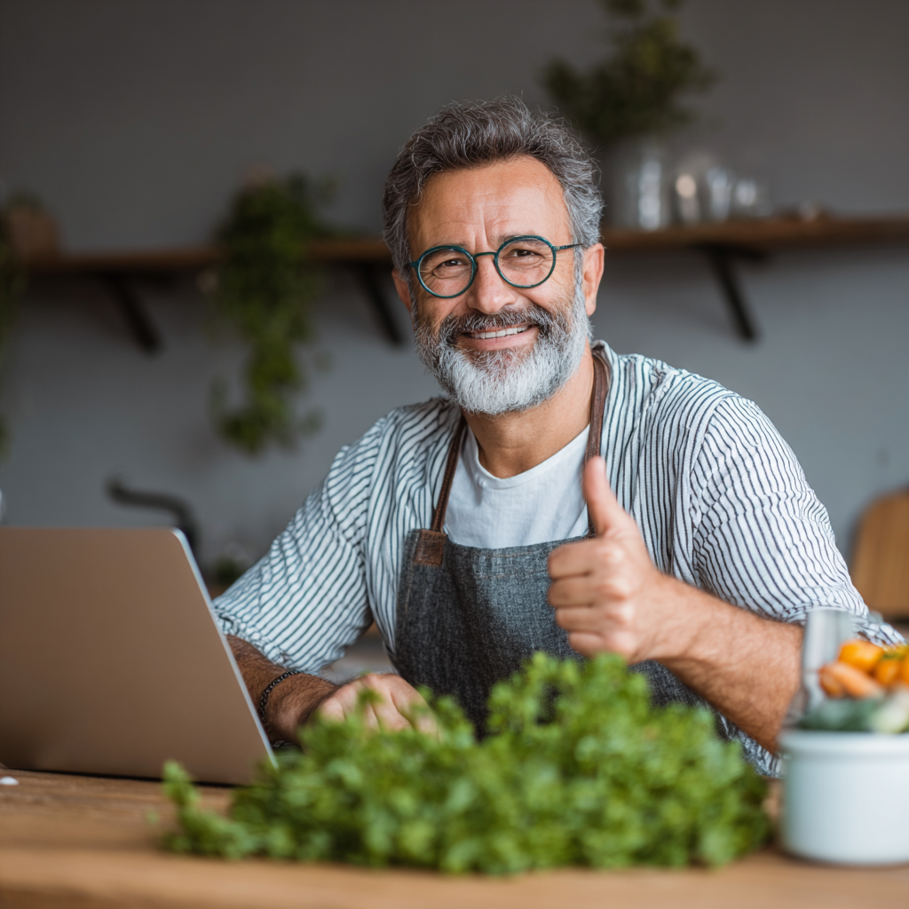 middle-aged person showing positive results from healthy meal planning