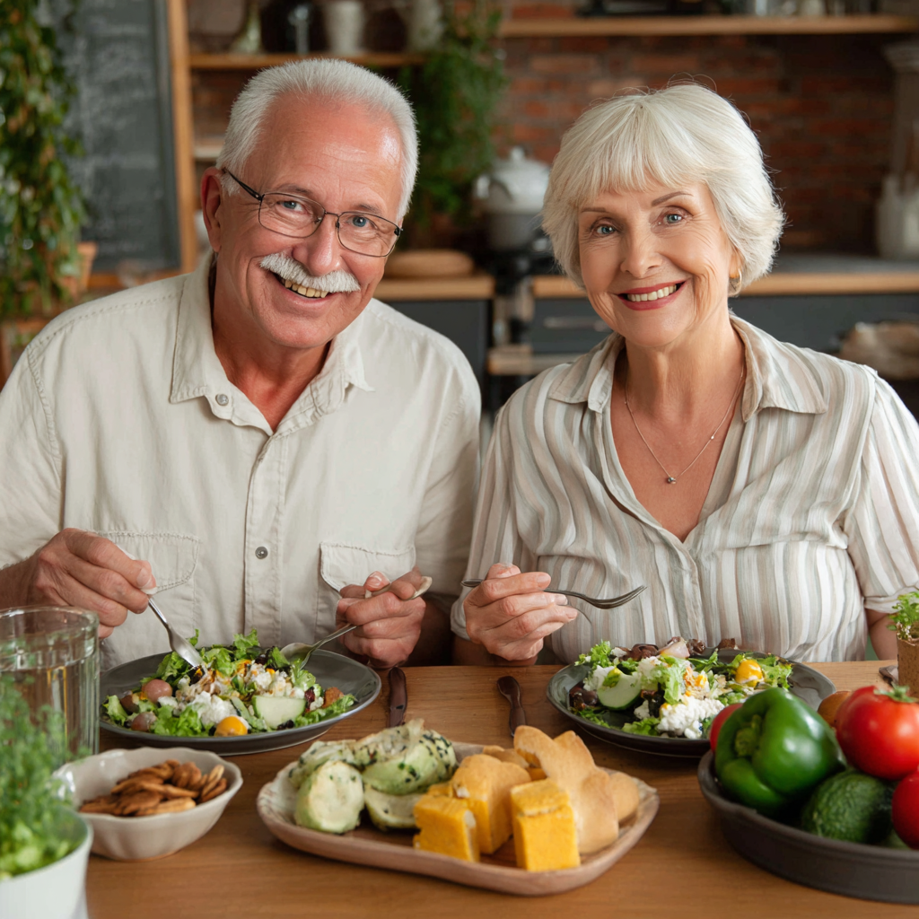 diverse people of various ages enjoying healthy meals together